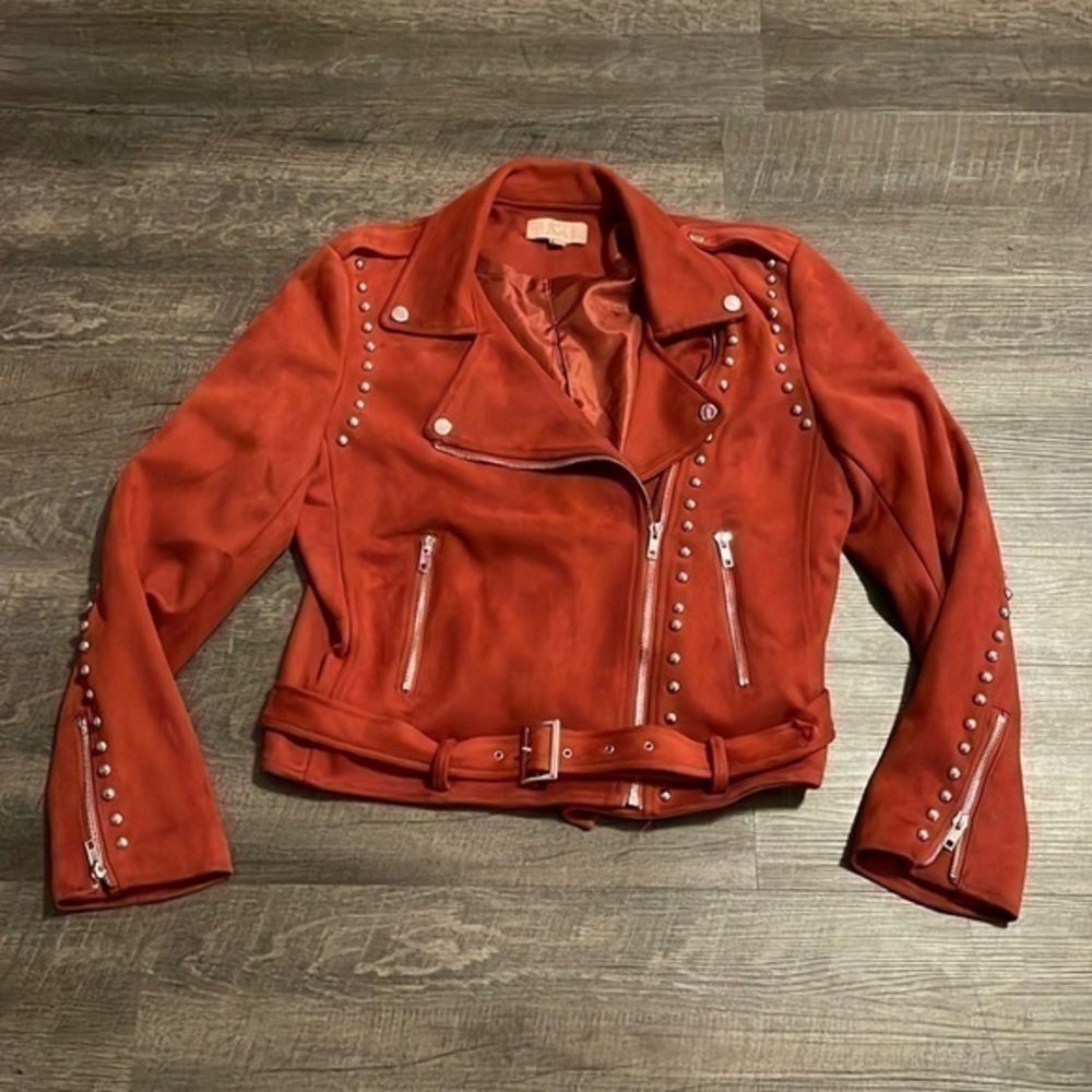 JCL FAUX SUEDE STUDDED MOTO JACKET BRICK RED